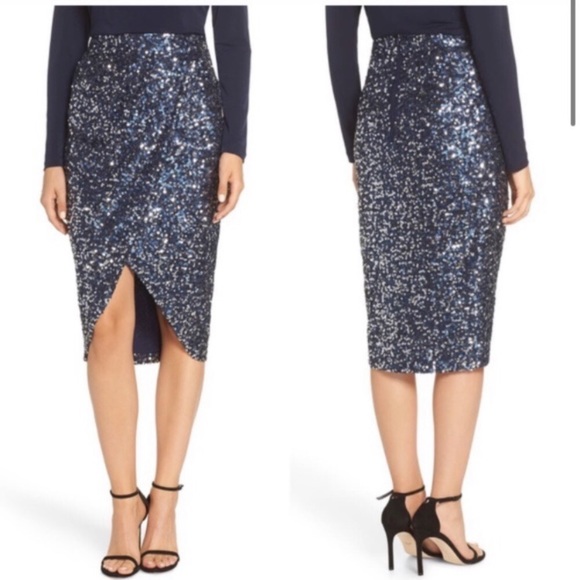 Eliza J Dresses & Skirts - Blue sequin skirt faux wrap pencil